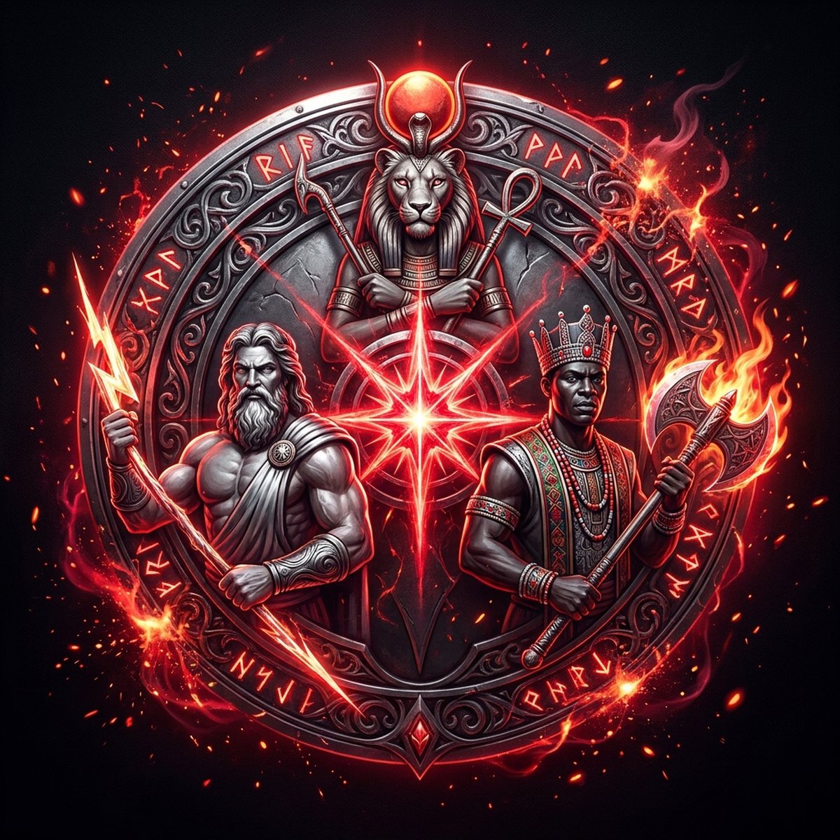 BattleVerse RPG emblem: figures from the Hellenic, Kemetic and Yoruba pantheons set within a runed crimson sigil.
