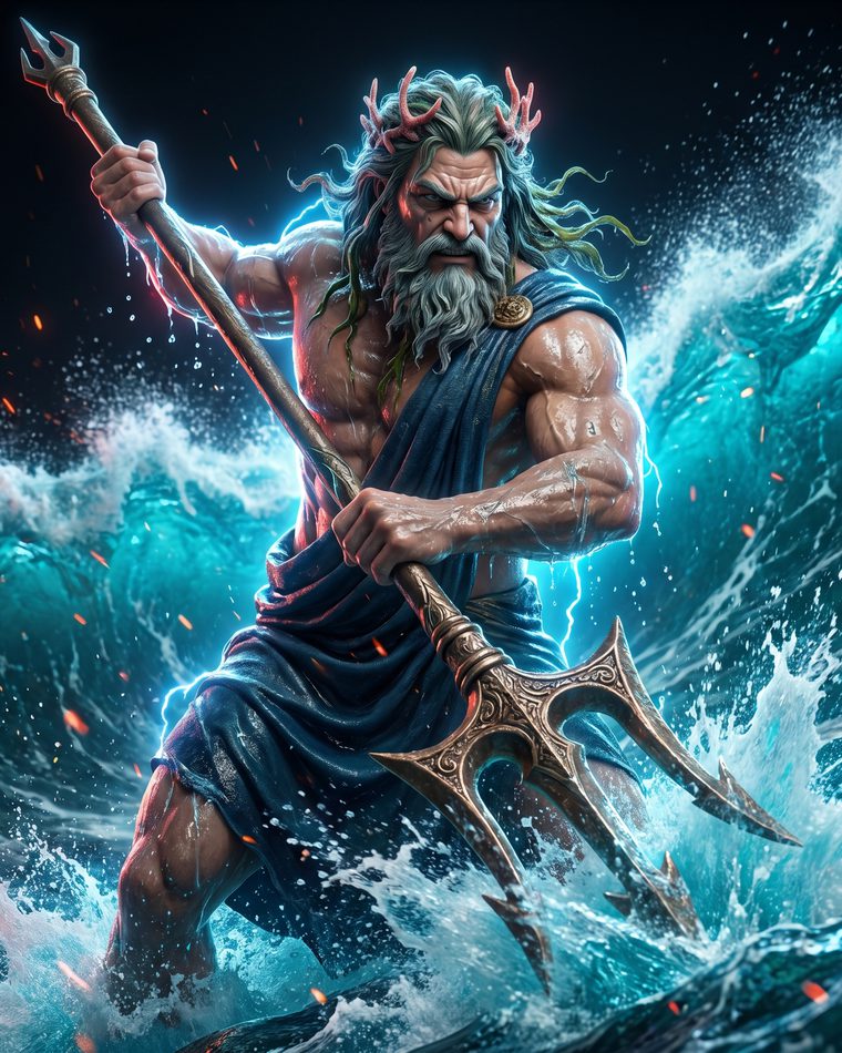 Bearded god rising from a breaking wave with a trident.
