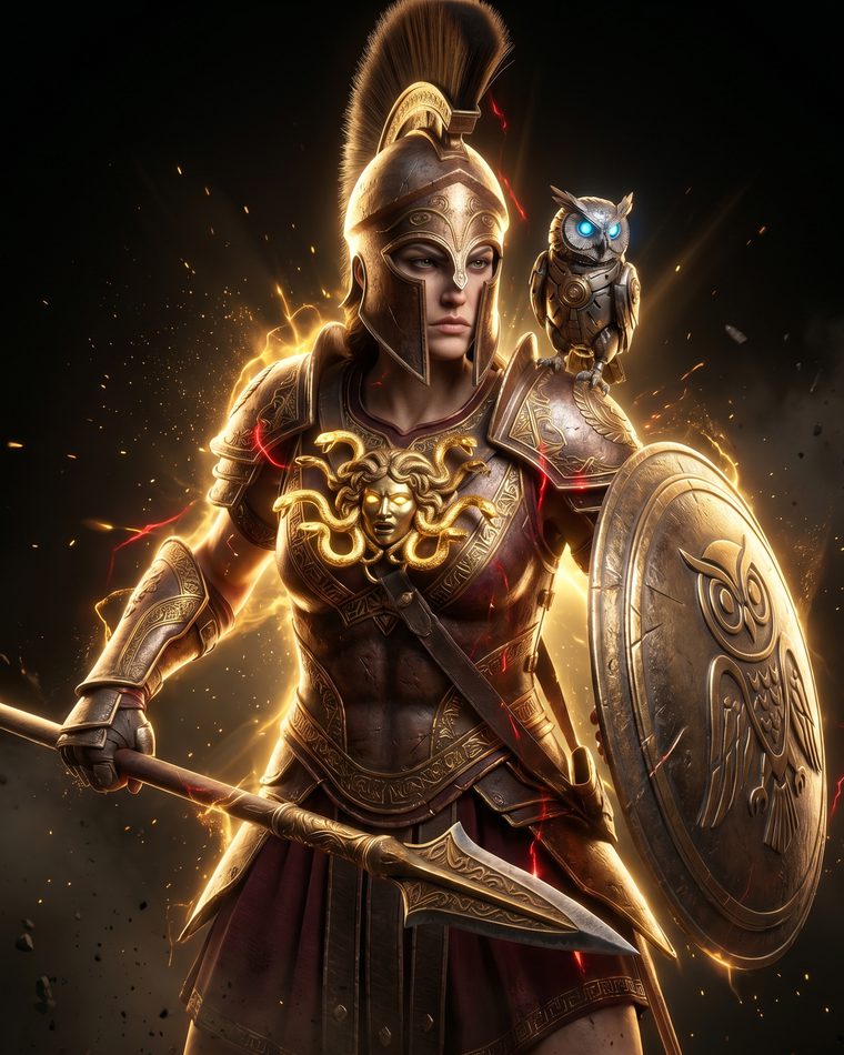 Helmeted warrior with a spear and round shield lit in gold.