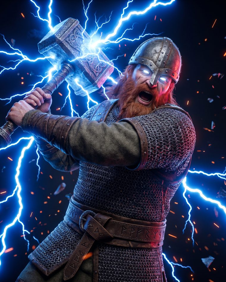 Armoured warrior channelling blue lightning across both arms.