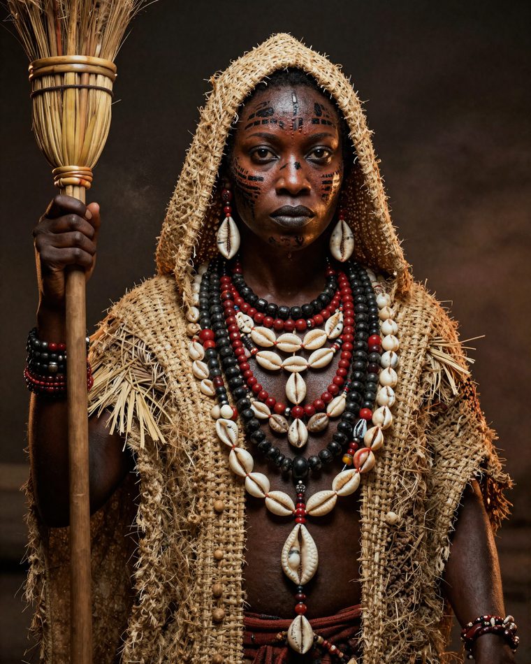 Elder in a cowrie-covered robe holding a carved staff.