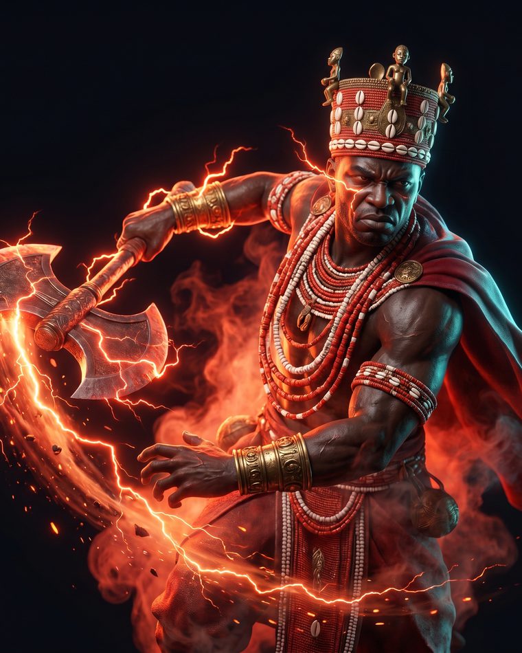 Crowned warrior wreathed in red fire, carrying a double-headed axe.