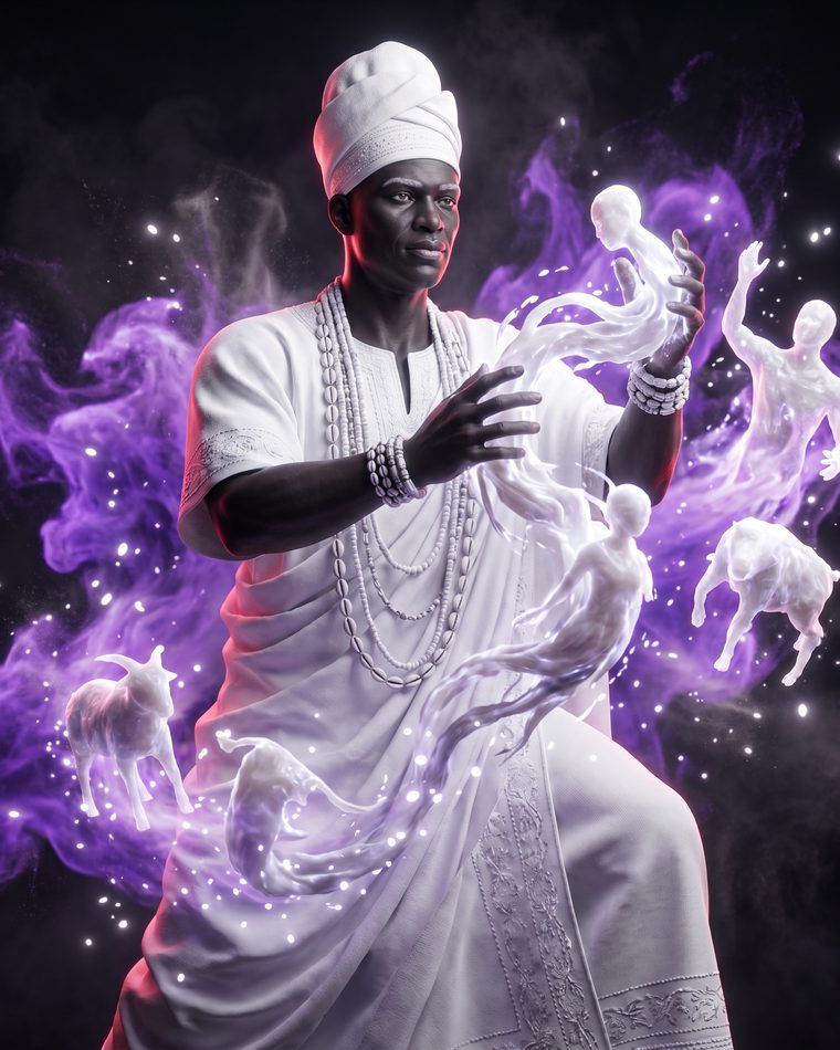 Figure in white cloth surrounded by pale violet light.
